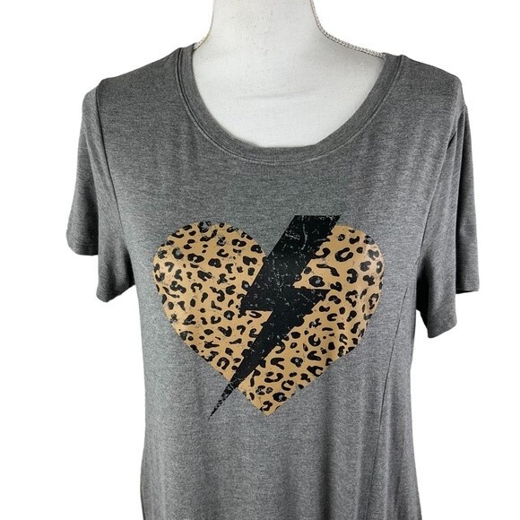 Gray Knotted Heart & Lightning Bolt T-Shirt Dress Cheetah Large Pockets - Picture 3 of 9